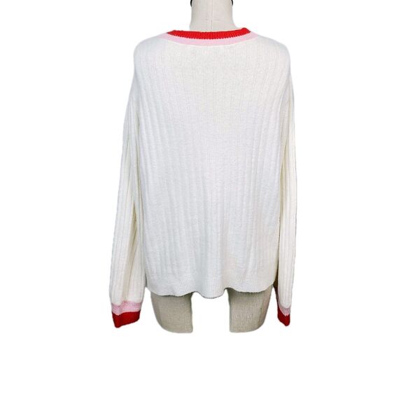 Loft Cardigan Sweater XL Cream Red Pink Soft Knit V-Neck Button-Front - Picture 3 of 9